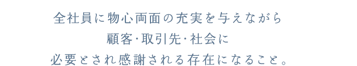 全社員ぬい物心両面の充実を与えながら顧客・取引先・社会に必要とされ感謝される存在になること。